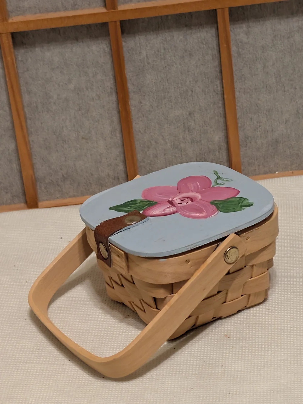 Cute Handpainted Small Square Basket - Vintage Country Folk Handcrafted